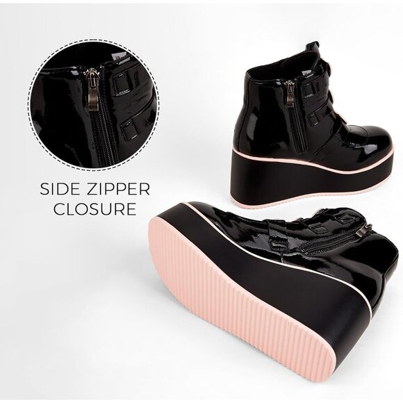🆕 Goth Platform Chunky Ankle Boots Black Pink PU Wedge Zip Buckle Rave Booties - Picture 8 of 8